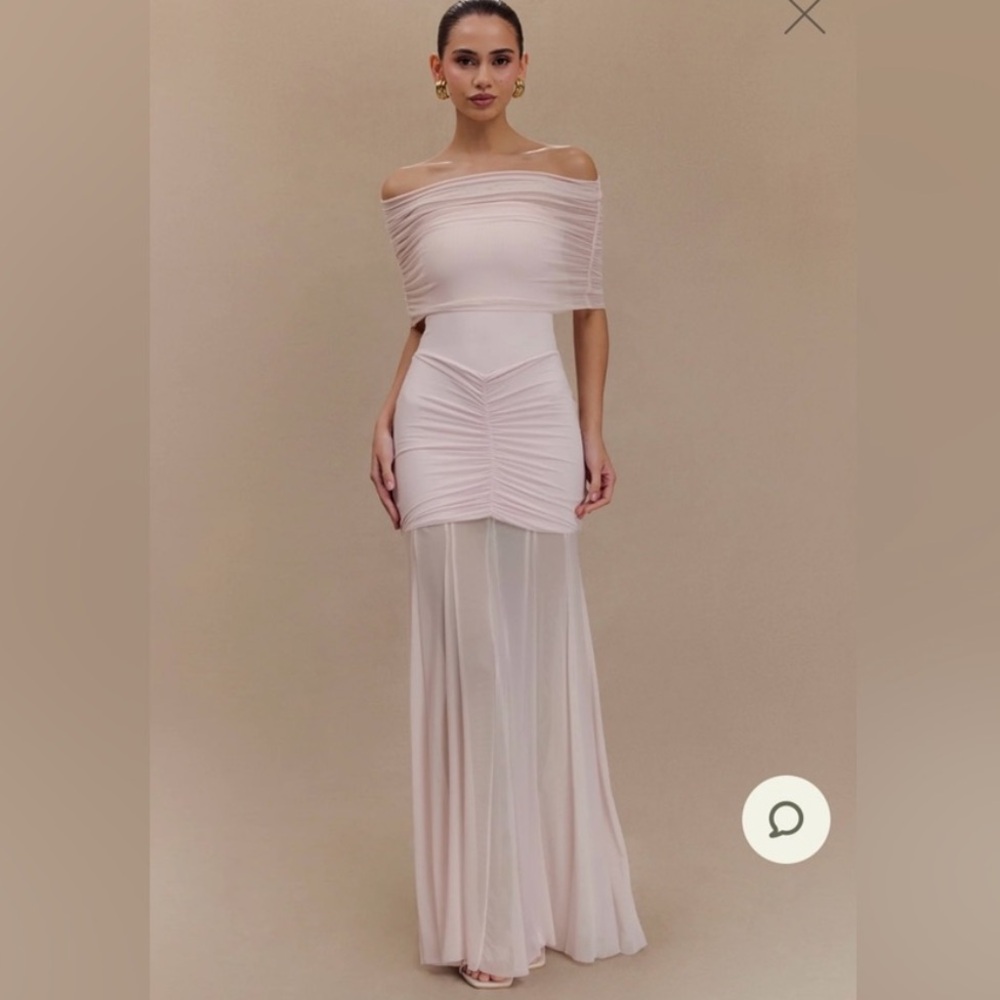 MESHKI CASPIAN DRESS Elegant Sheer Ruched Maxi Dress in Light Pink